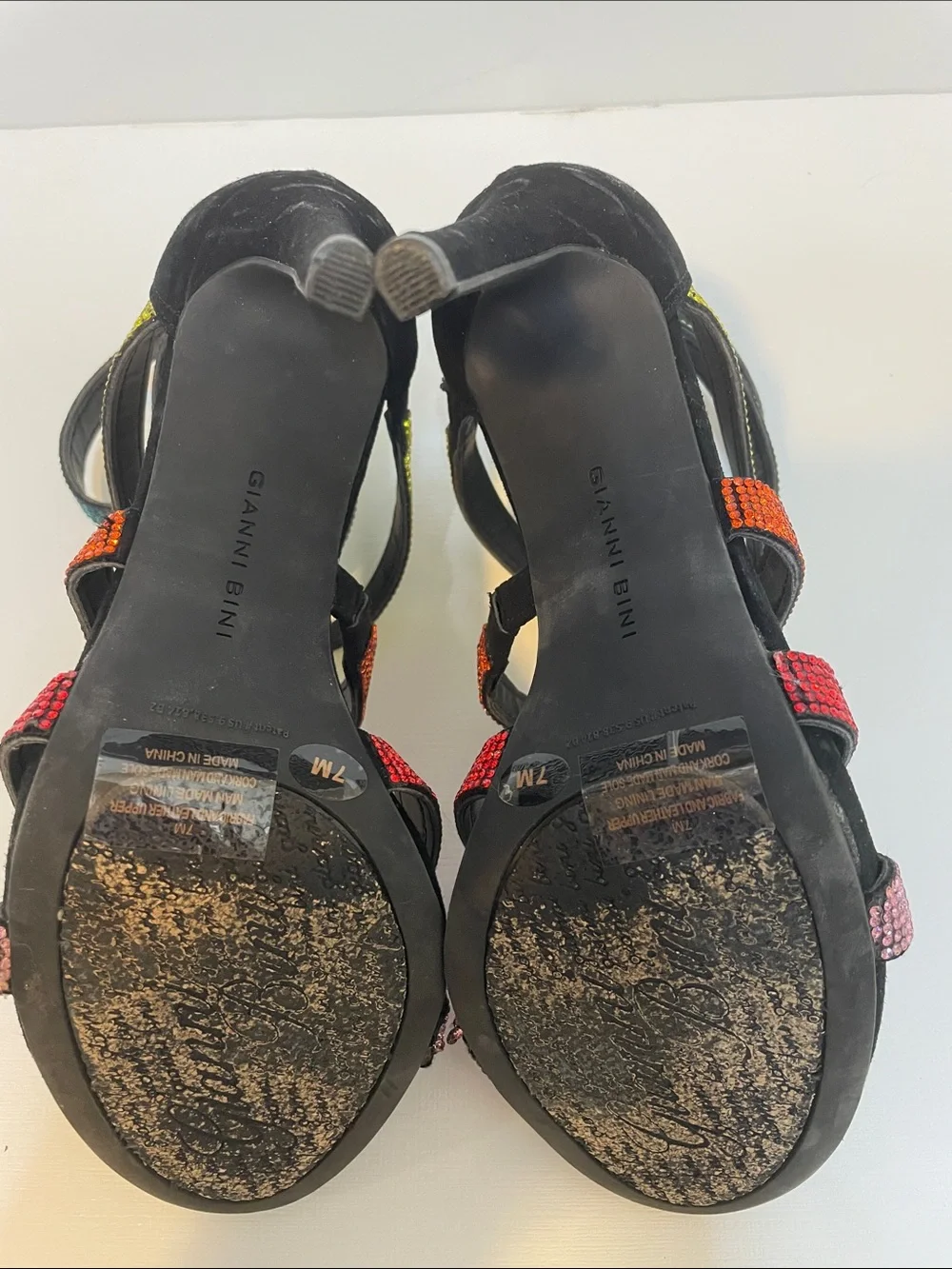 Gianni Bini Black Strappy High Heel Sandal with Multicolor Crystal Straps - Sz 7